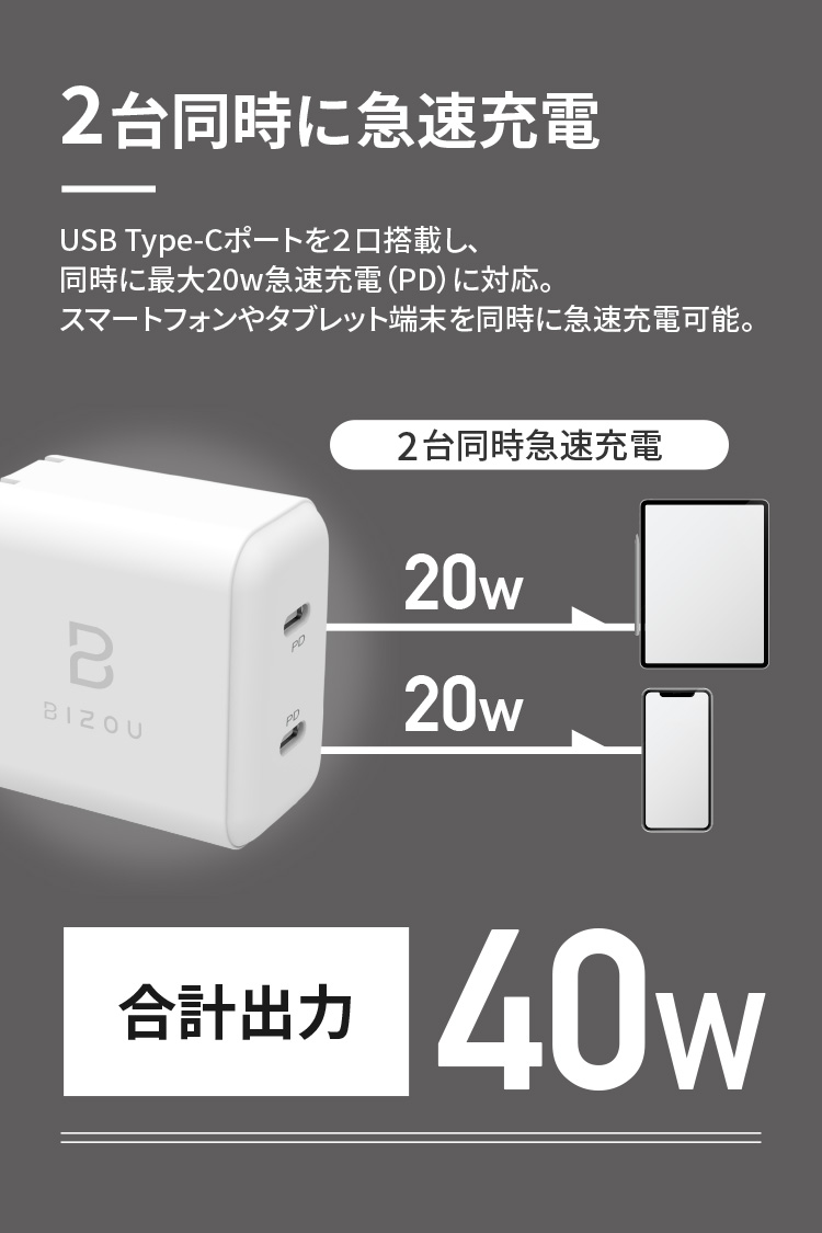 BIZOU 2ポート PD20W×2 BASIC 急速充電 折り畳み式プラグ 1年保証 最大40W BZ-AC02 送料無料 | SoftBank公式  iPhone/スマートフォンアクセサリーオンラインショップ